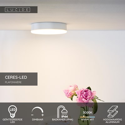 Lucide CERES-LED - Plafonnière Badkamer - Ø 21,5 cm - LED Dimb. - 1x30W 3000K - IP44 - Wit